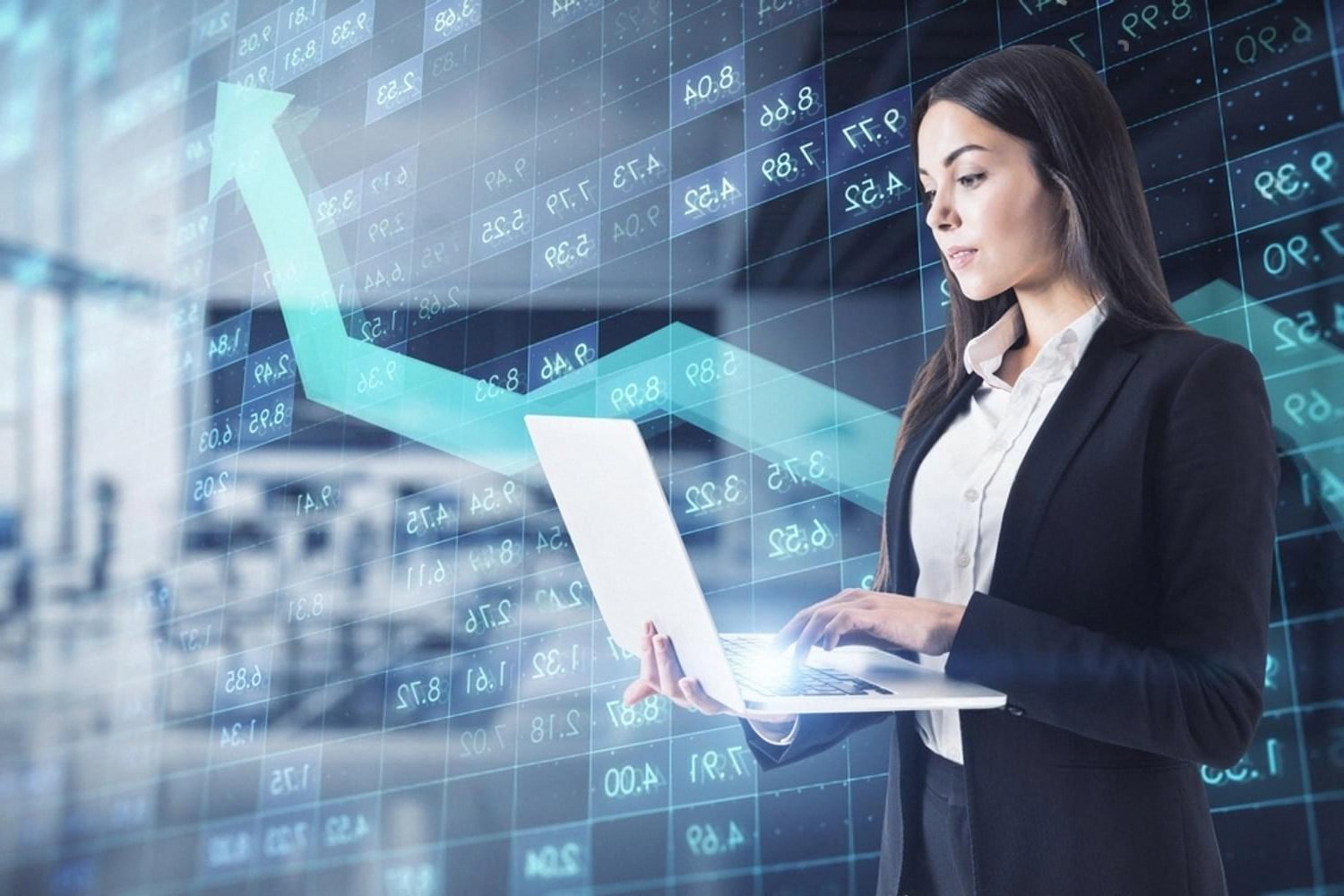 Compliance analyst checking corporate ownership data on a laptop against a rising financial chart